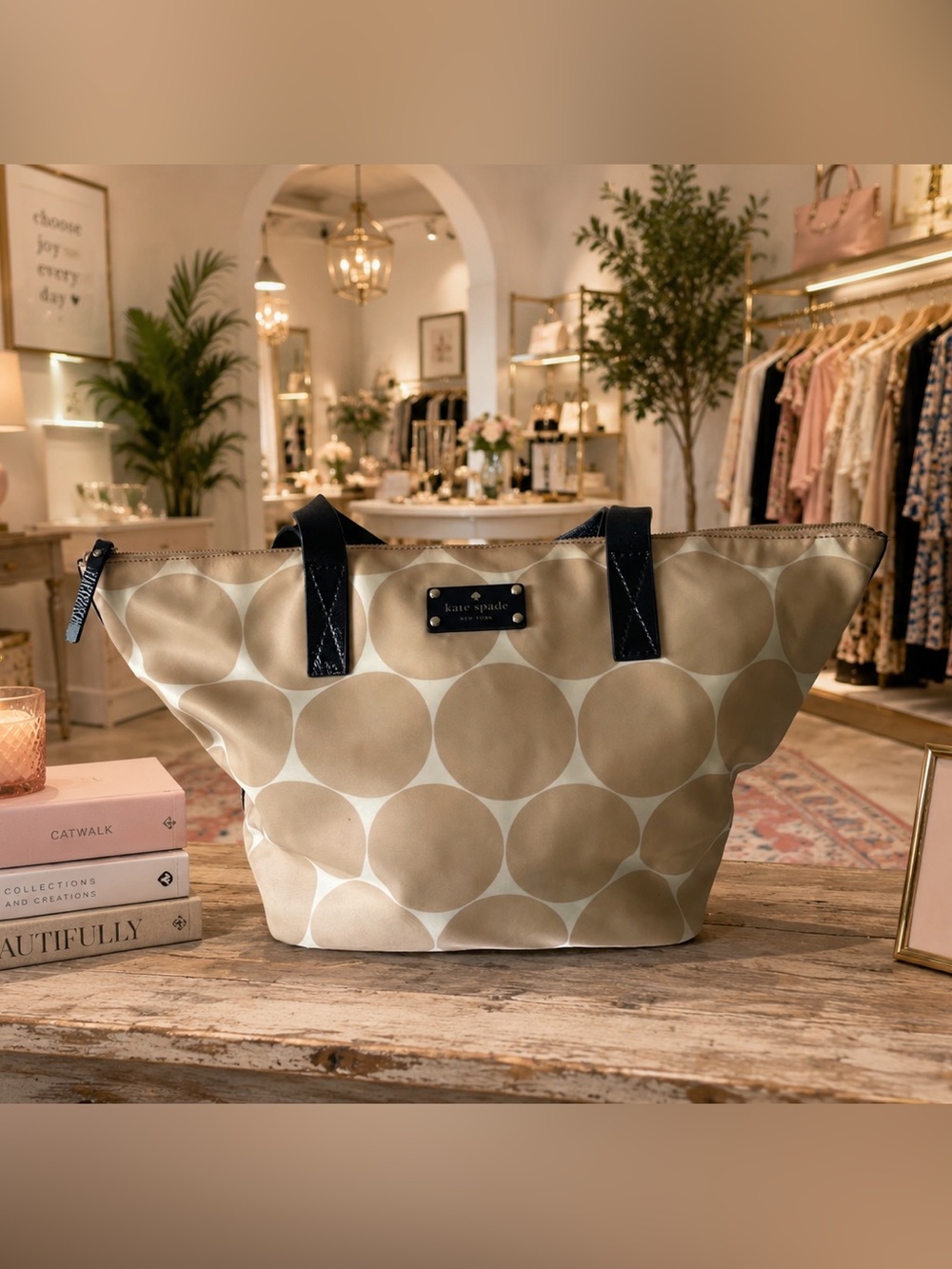 Kate Spade Deborah Dot Nylon Tote Satchel Handbag Beige and White Polka Dot